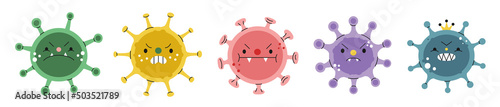 Angry cartoon style five viruses horizontal vector set.