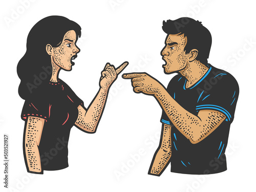 quarrel argument in couple man and woman color sketch engraving vector illustration. T-shirt apparel print design. Scratch board imitation. Black and white hand drawn image.
