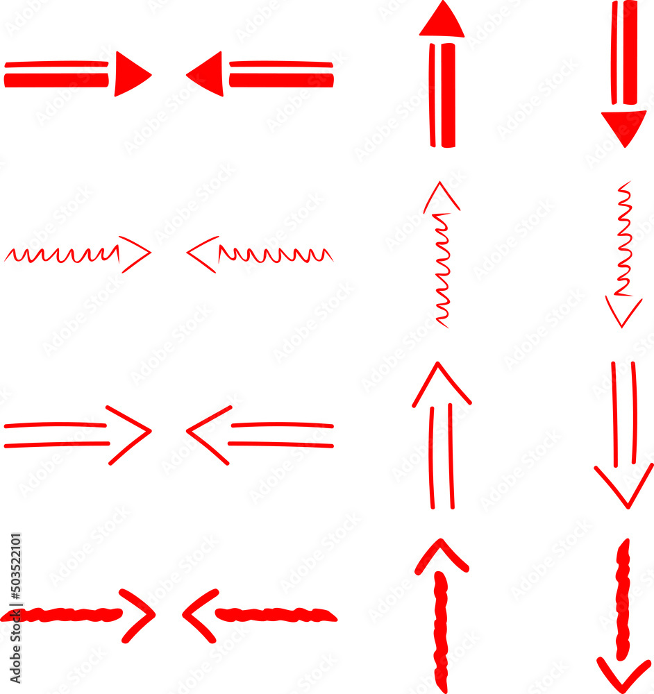 Set of red arrows right, left, up, down on white background, art collection in hand drawn style, for design, websites and graphics Set of red arrows right, left, up, down on white background, art collection in hand drawn style, for design, websites and graphics
