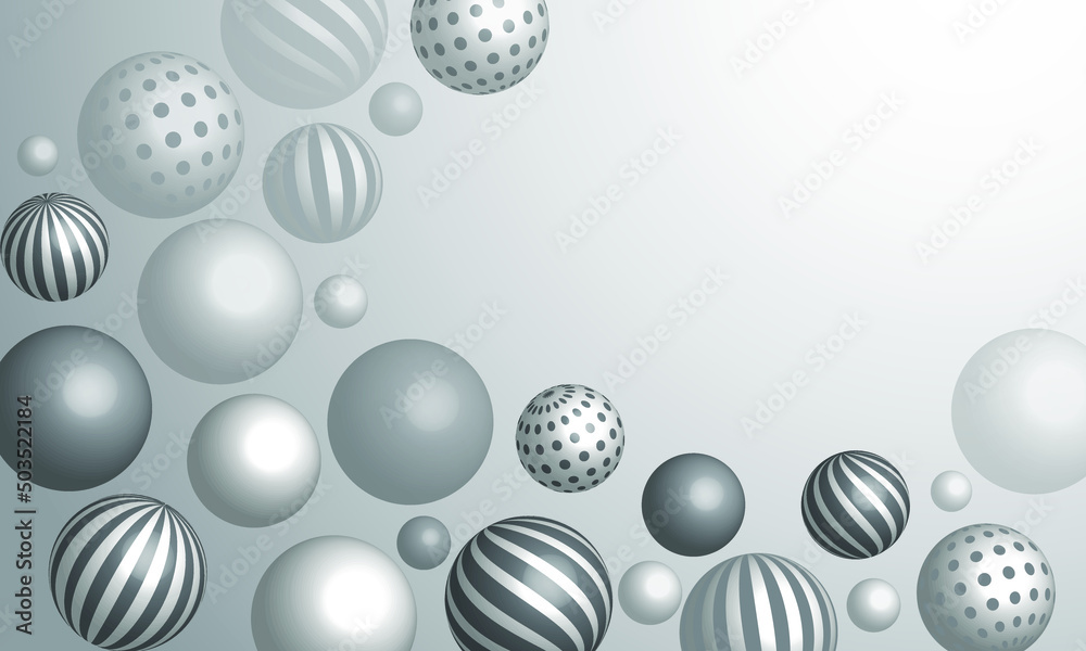 Abstract background with dynamic 3d spheres. White and gray bubbles. Vector illustration of balls textured with a striped pattern. Modern trendy banner or poster design Abstract background with dynamic 3d spheres. White and gray bubbles. Vector illustration of balls textured with a striped pattern. Modern trendy banner or poster design
