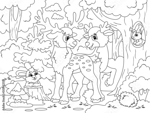 Forest and wild animals, deer and forest dwellers. Vector illustration, children coloring book.