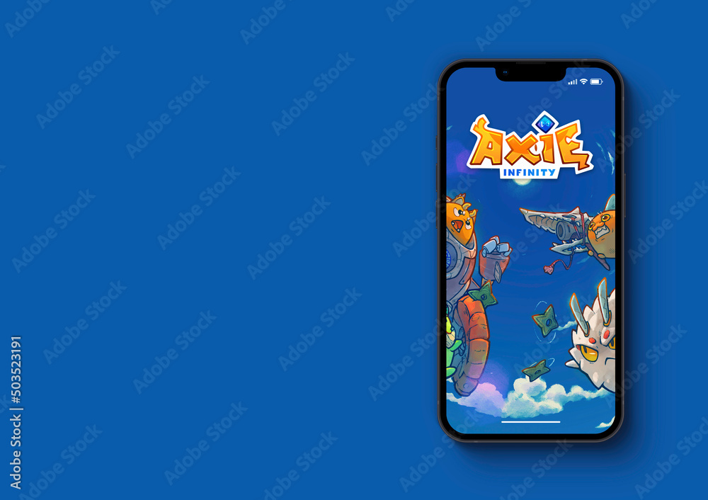 Axie Infinity NFT online game app on the smartphone iPhone screen. Blue  background. Rio de Janeiro, RJ, Brazil. May 2022 Stock Photo | Adobe Stock
