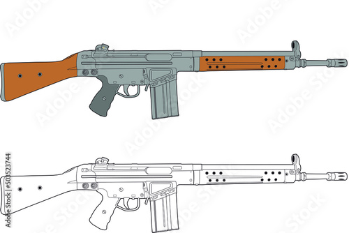 Two variants of the vector image of the German assault rifle of the post-war period HK G3. Side view of the weapon. White and color options
