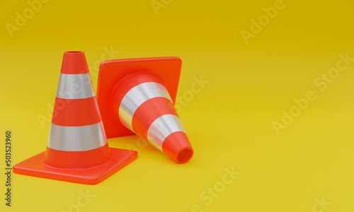 3d illustration, traffic safety cones, yellow background, copy space, 3d rendering.