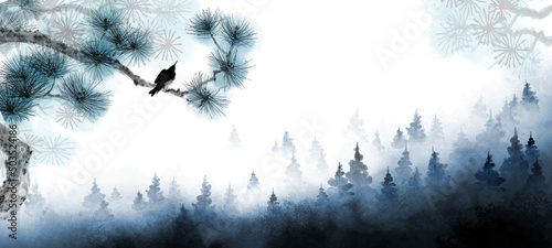 Bird in pine tree branch and misty forest mountains. Traditional oriental ink painting sumi-e, u-sin, go-hua. Translation of hieroglyph - zen