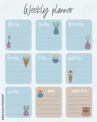 Cute weekly planner, to do list and notes template. Note paper and stickers set with flowers in pastel colors.