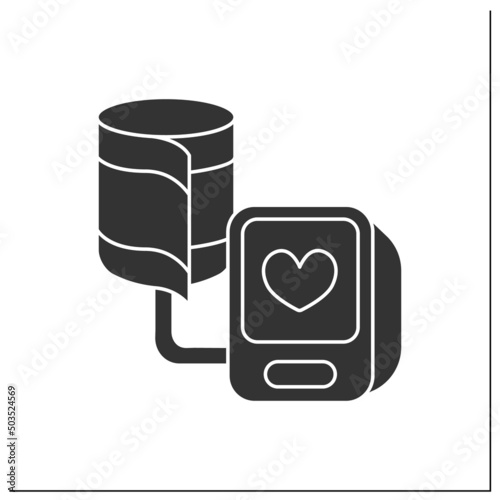  Blood pressure monitor glyph icon. Spirometer, pulse oximeter. Records health data. Medical devices concept. Filled flat sign. Isolated silhouette vector illustration