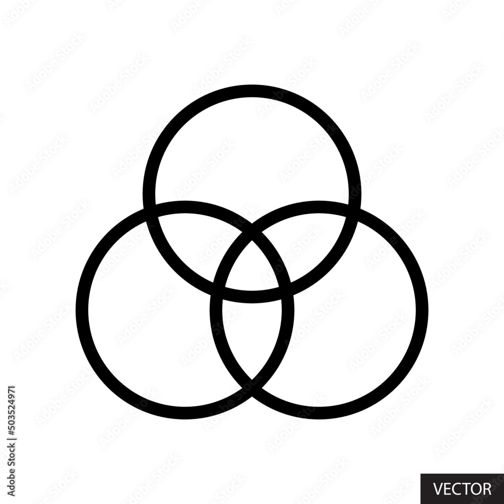 Three circle venn diagram vector icon in line style design for website design, app, UI, isolated on white background. Editable stroke. Vector illustration. Three circle venn diagram vector icon in line style design for website design, app, UI, isolated on white background. Editable stroke. Vector illustration.