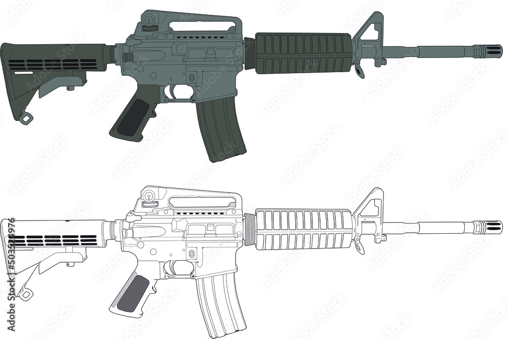 Two vector images of the American M4 Carbine in white and color. Side view of the weapon Two vector images of the American M4 Carbine in white and color. Side view of the weapon
