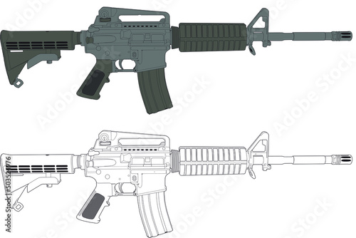 Two vector images of the American M4 Carbine in white and color. Side view of the weapon