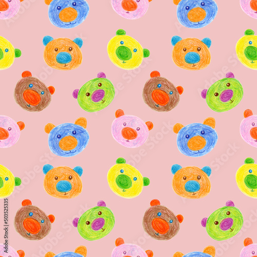 Seamless pattern of multicolored faces of Bears drawn with wax crayons on a pink background. For fabric, sketchbook, wallpaper, wrapping paper.