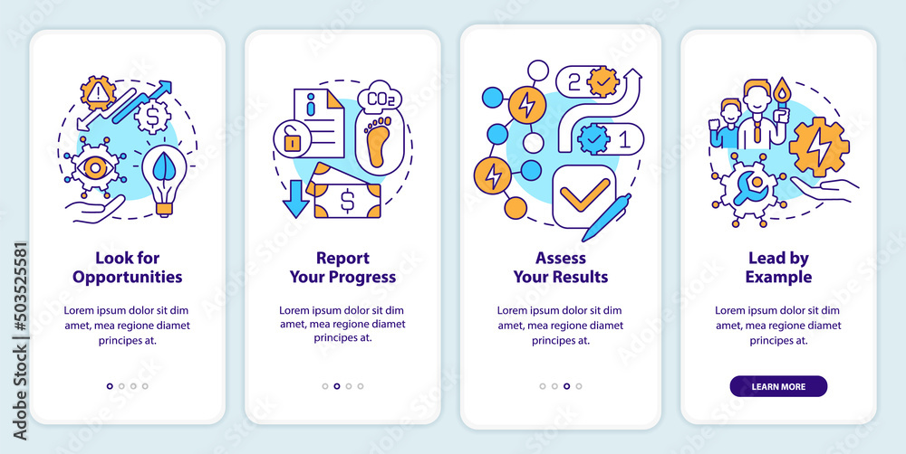 Key steps to energy strategy onboarding mobile app screen. Report walkthrough 4 steps graphic instructions pages with linear concepts. UI, UX, GUI template. Myriad Pro-Bold, Regular fonts used