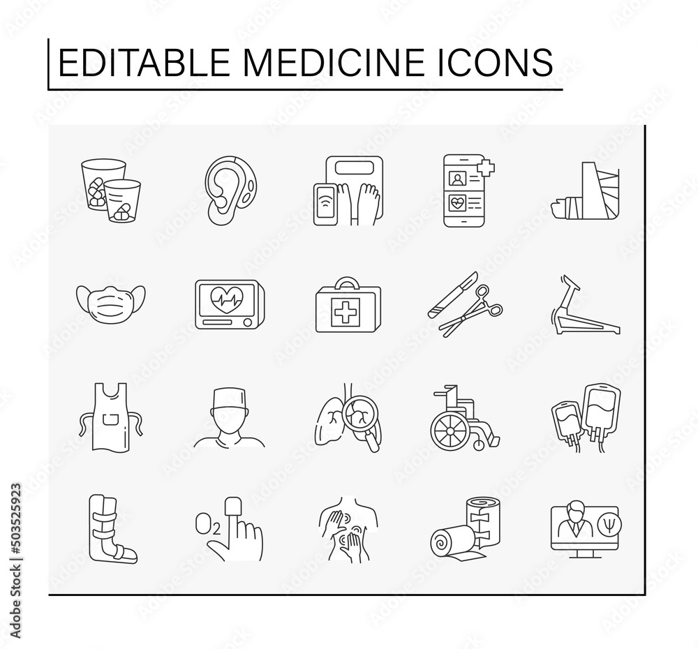 Medicine line icons set.Consultation with doctor. Clinical treals and treatment. Healthcare concept. Isolated vector illustrations. Editable stroke Medicine line icons set.Consultation with doctor. Clinical treals and treatment. Healthcare concept. Isolated vector illustrations. Editable stroke