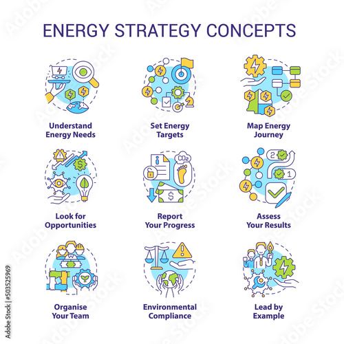 Energy strategy concept icons set. Managing energy consumption idea thin line color illustrations. Look for opportunities. Isolated symbols. Editable stroke. Roboto-Medium, Myriad Pro-Bold fonts used © bsd studio