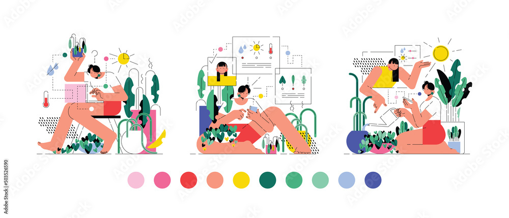 Spot illustration set of figures and indoor plants. Vector created in flat and simple style. Figures growing plants over iphone.