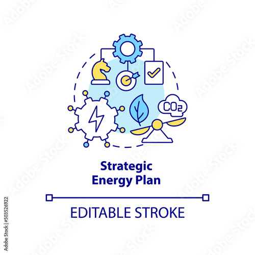 Strategic energy plan concept icon. Building energy strategy abstract idea thin line illustration. Reduce carbon footprint. Isolated outline drawing. Editable stroke. Arial, Myriad Pro-Bold fonts used