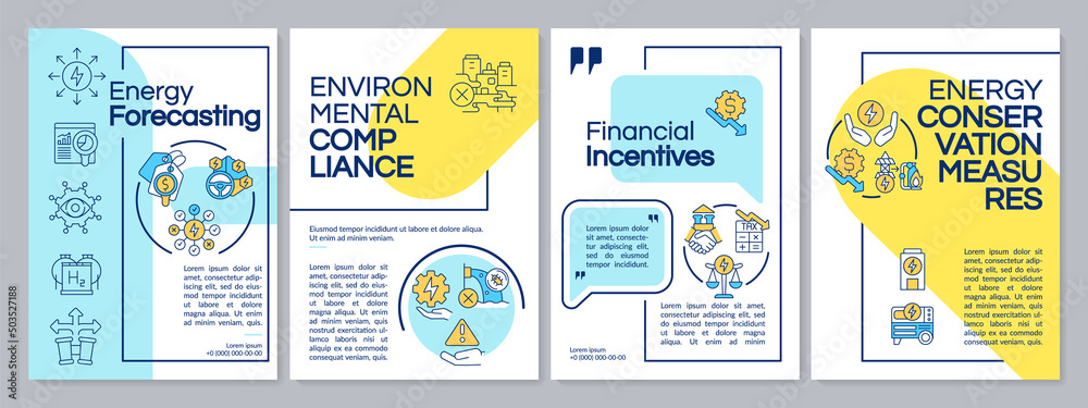Efficient energy planning blue and yellow brochure template. Conservation. Leaflet design with linear icons. 4 vector layouts for presentation, annual reports. Questrial, Lato-Regular fonts used