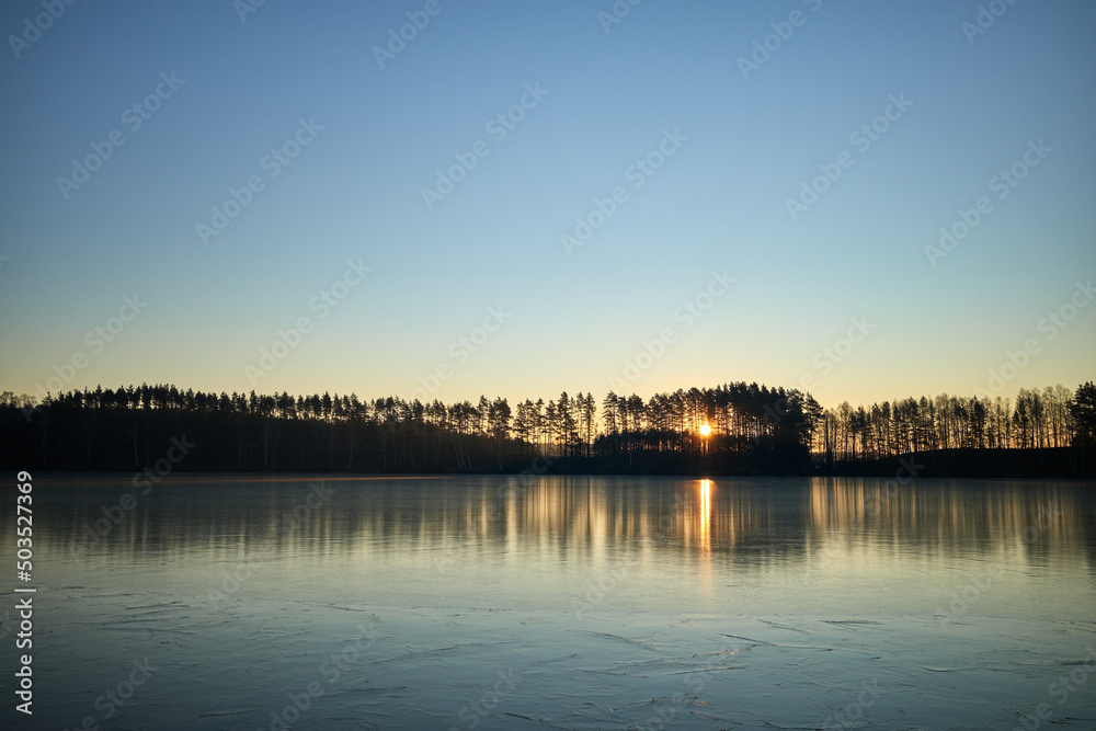 Sunrise behind the trees is reflected on the ice surface of the