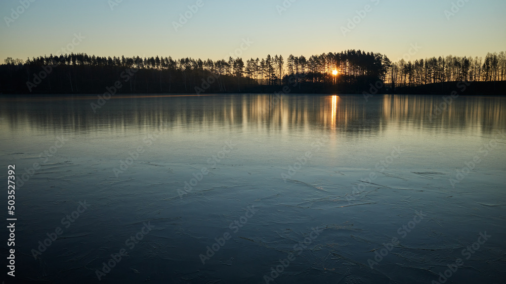 Sunrise behind the trees is reflected on the ice surface of the