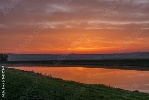 Morava river with sunrise near Kvasice village in central Moravia