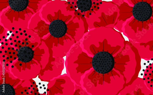 Red poppies. Horizontal beautiful poster with spring flowers. Vector.