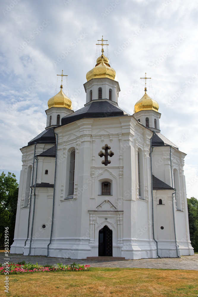 Ancient Ukrainian Orthodox Church. Ukrainian baroque architecture. Catherine's Church is a functioning church in Chernihiv, Ukraine. Church is distinguished by its five gold domes in the Baroque style