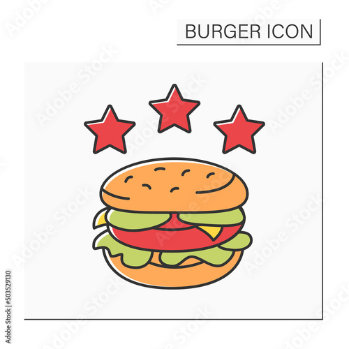 Sandwich color icon. Tasty burger. Popular order with three stars. Fast food concept. Isolated vector illustration