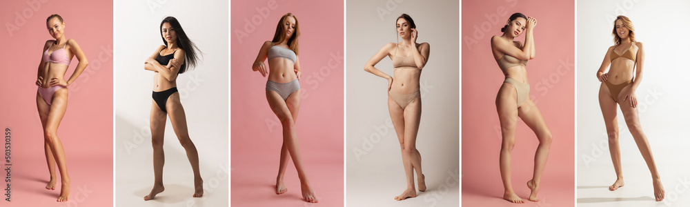 Naklejka premium Collage. Tender young girls posing in underwear isolated over pink and gray background