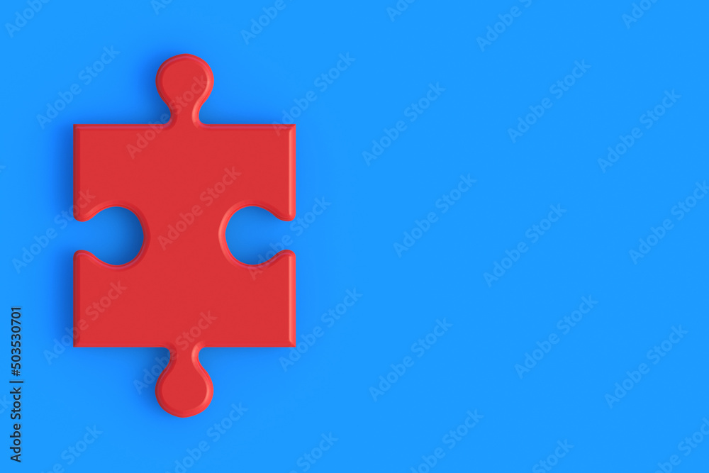 Fototapeta premium Red blank jigsaw puzzle piece on blue background. Copy space. 3d render
