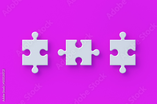 Row of jigsaw puzzle pieces on pink background. 3d render