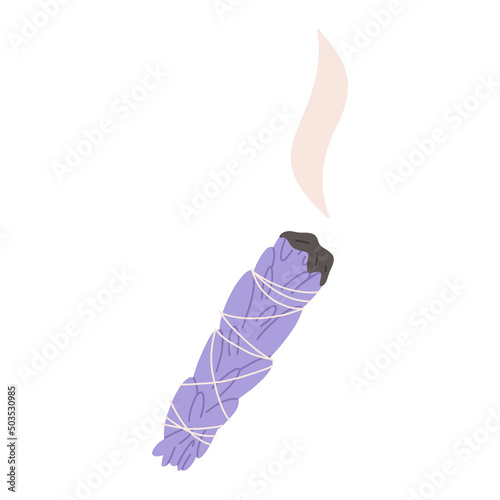 Burning sage bundle or smudge, flat vector illustration isolated on white background. Aromatherapy, meditation and spa concepts. Sage herb for cleaning rituals, magic element.