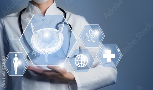 Unrecognizable female doctor holding graphic virtual visualization model of bladder organ in hands. Multiple medical icons on the background.