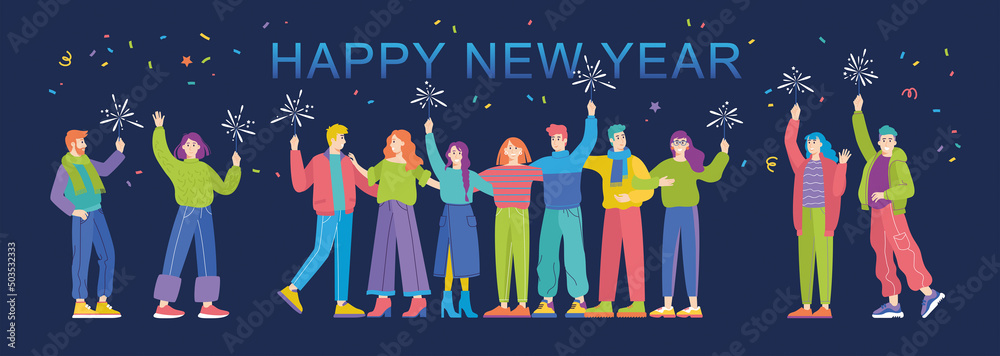 Group of happy people celebrating New Year with sparkles. Merry Christmas and Happy new year! Flat cartoon colorful vector illustration. Cute characters. Group of happy people celebrating New Year with sparkles. Merry Christmas and Happy new year! Flat cartoon colorful vector illustration. Cute characters.