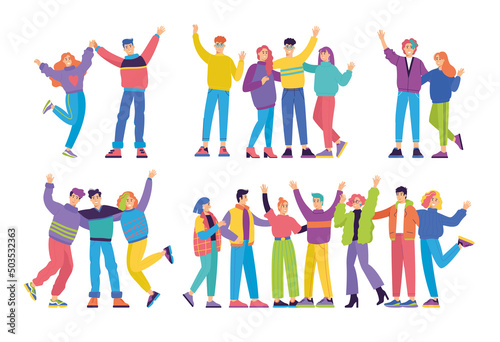 Set of happy young fashion-dressed people. Birthday party with friends. Flat cartoon colorful vector illustration. Funny characters. 