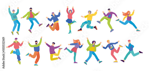 Set of happy young fashion-dressed people. Birthday party with friends. Flat cartoon colorful vector illustration. Funny characters. 