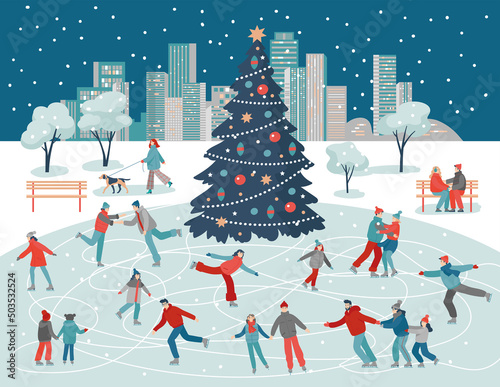 Cartoon people on ice skating rink.  Winter outdoor activities. Flat design. Vector illustration. photo