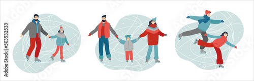 Groups of happy people skating on a rink. Winter holiday activity with couple, friends and children. Winter outdoor activities. Flat cartoon design. Vector illustration.