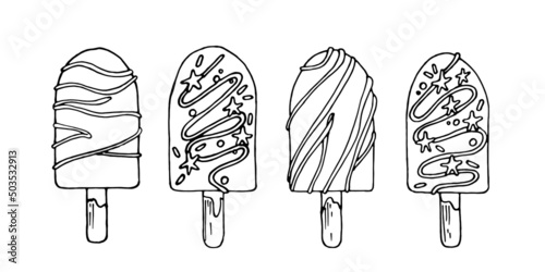 Set Popsicle ice cream with icing and sprinkles. Stylish ice creams for design, packaging, decoration, creativity.