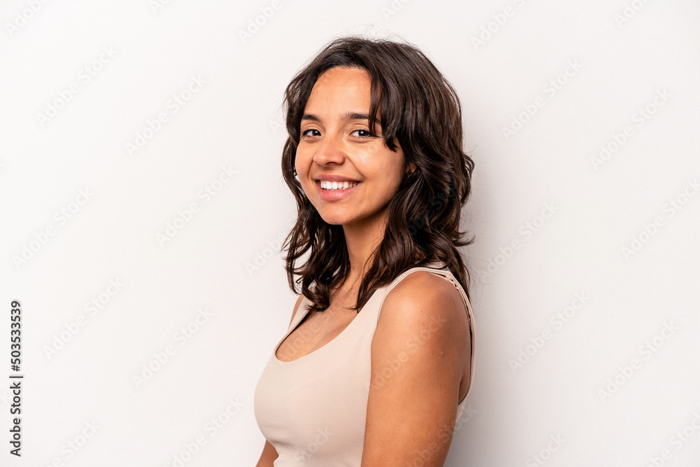 Young hispanic woman isolated on white background confident keeping hands on hips. Young hispanic woman isolated on white background confident keeping hands on hips.