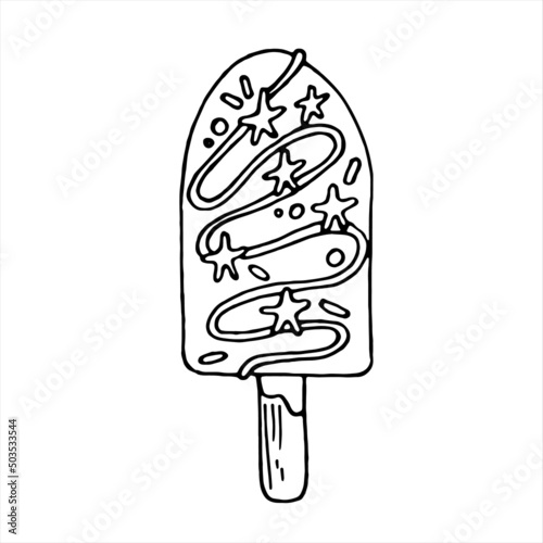 Cute ice popsicle with stars. Black and white vector image. 
