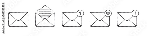 Mail envelope icon set. Letter envelopes. Hand-drawn envelopes. Vector icons