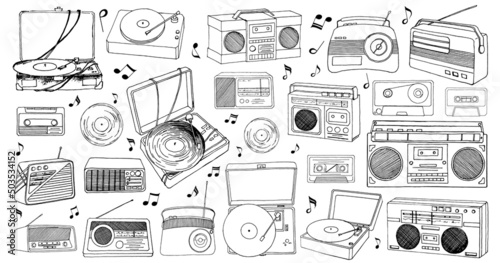 Music player, music notes, vintage vinyl record, retro radio and boombox tape recorder isolated on white background. Old-fashioned audio devices. Hand drawn vector illustration.