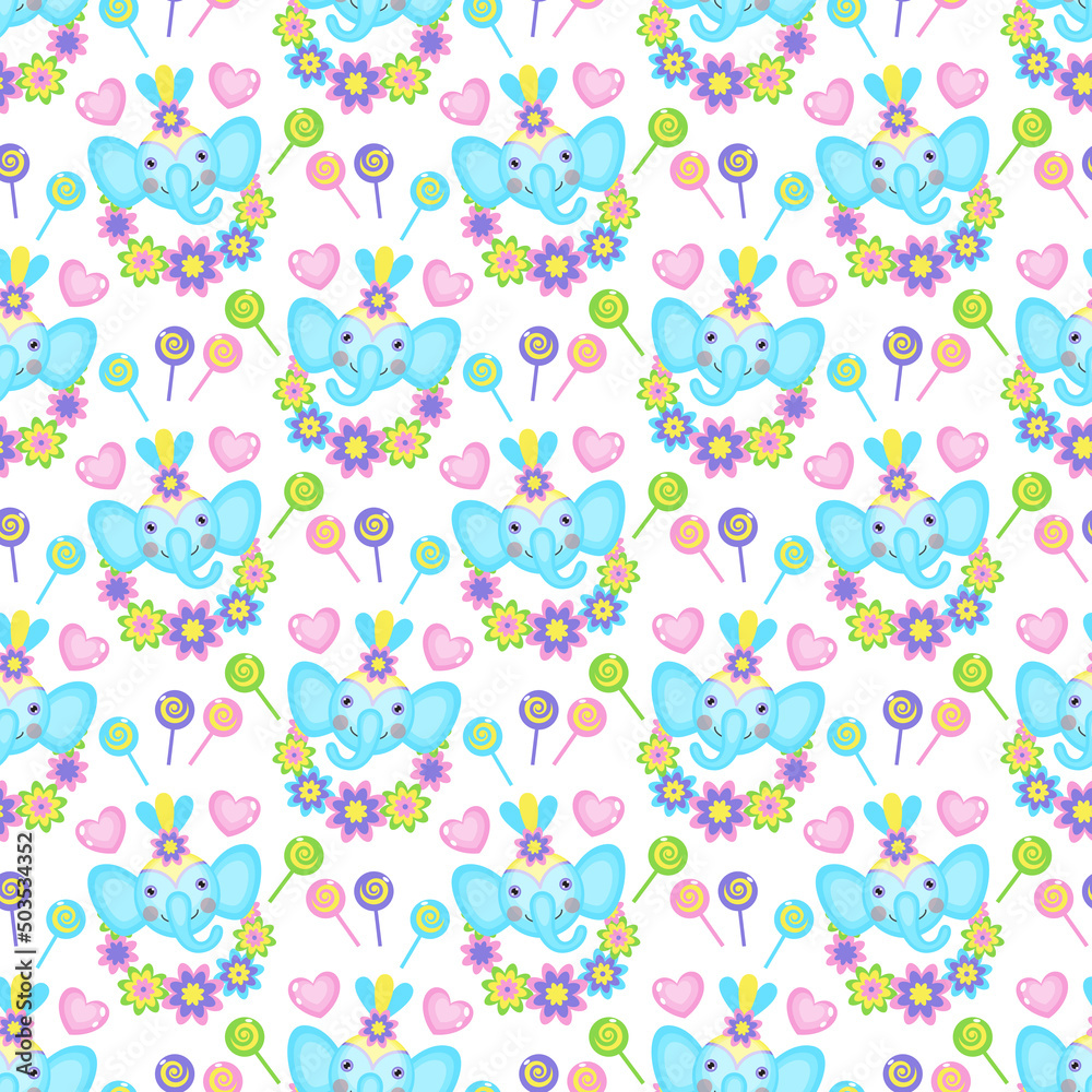 Cartoon vector seamless pattern with elephant, sweets, flowers and hearts on a white background. Kids' holiday, party, birthday. Circus theme. Cartoon vector seamless pattern with elephant, sweets, flowers and hearts on a white background. Kids' holiday, party, birthday. Circus theme.