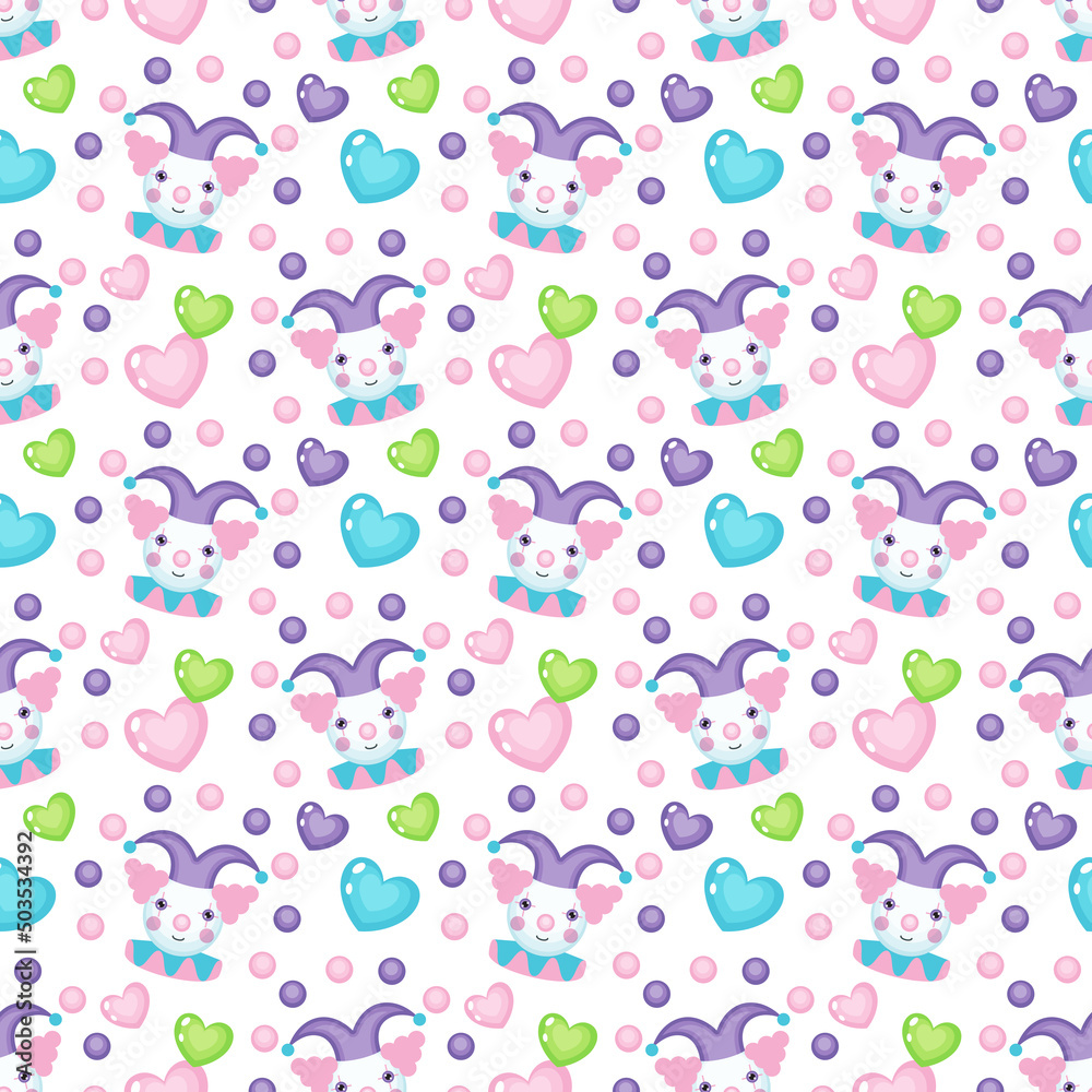 Cartoon vector seamless pattern with a clown, balloons and hearts on a white background. Kids' holiday, party, birthday. Circus theme. Cartoon vector seamless pattern with a clown, balloons and hearts on a white background. Kids' holiday, party, birthday. Circus theme.