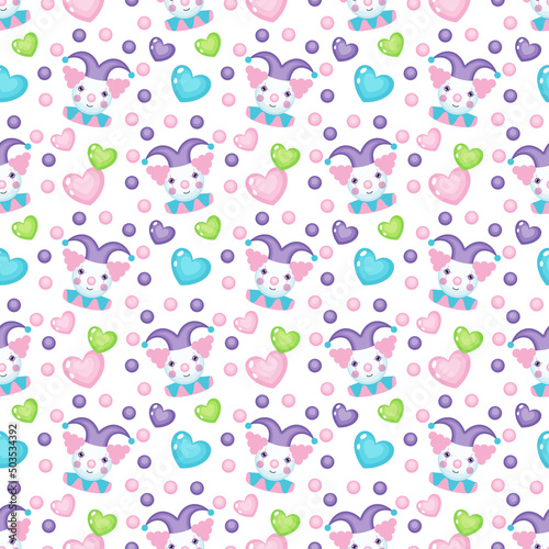 Cartoon vector seamless pattern with a clown, balloons and hearts on a white background. Kids' holiday, party, birthday. Circus theme.