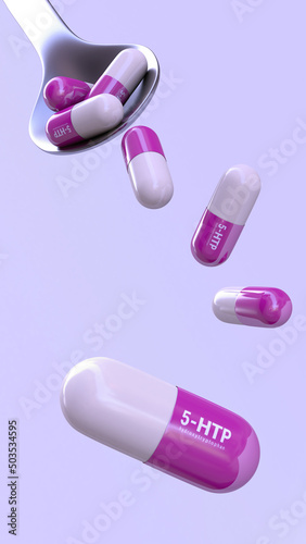 Capsules with biological additives on a light background. 5 HTP amino acid. Close-up. Medicine and pharmacology. 3D rendering. Illustration. photo