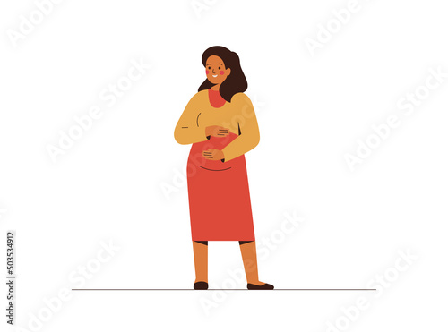 Pregnant woman stand and hug her belly with love. Young mother put hands on her stomach. Pregnancy and maternity concept. Vector illustration