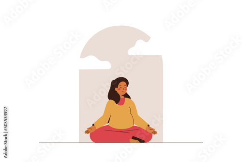 Pregnant woman meditating near the window for saving mental health. Young mother relaxing in lotus posture. Balance, harmony and mindfulness concept. Vector illustration
