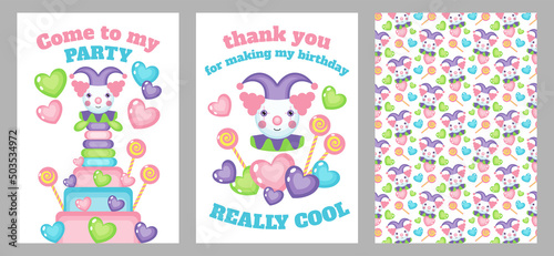 Children's party invitation, gratitude and seamless pattern. Kids' holiday, party, birthday. Set of postcards. Circus theme.