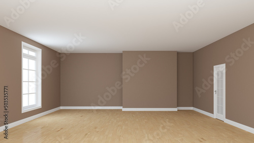 Empty Room with Light Brown Walls, Light Parquet Floor, White Plinth, Window and a White Door. Unfurnished Interior Concept. 3d render with a Work Path on the Window. 8K Ultra HD, 7680x4320